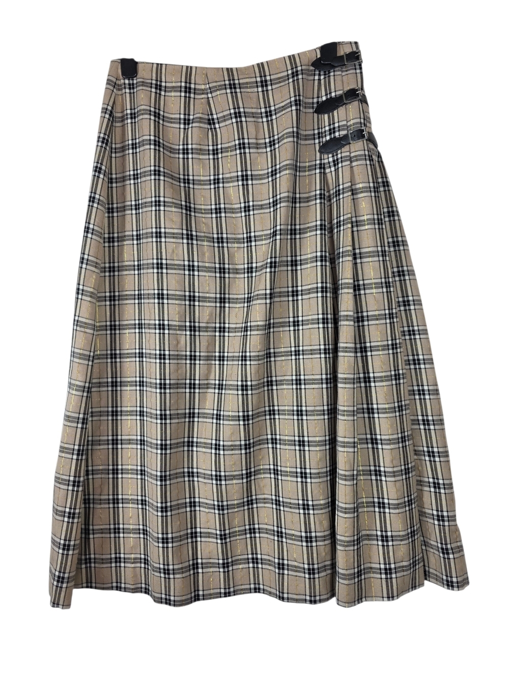 Tartan Plaid A-Line Midi Skirt with Buckle  and leather Detail - Beige